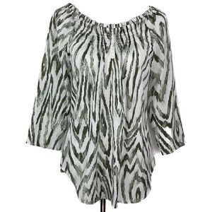 Chico’s White Green Smocked 3/4 Sleeve Top 0 Small